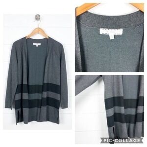 Pointelle Women Gray Black Stripe Open Front Long Sleeve Cardigan‎ Sweater M